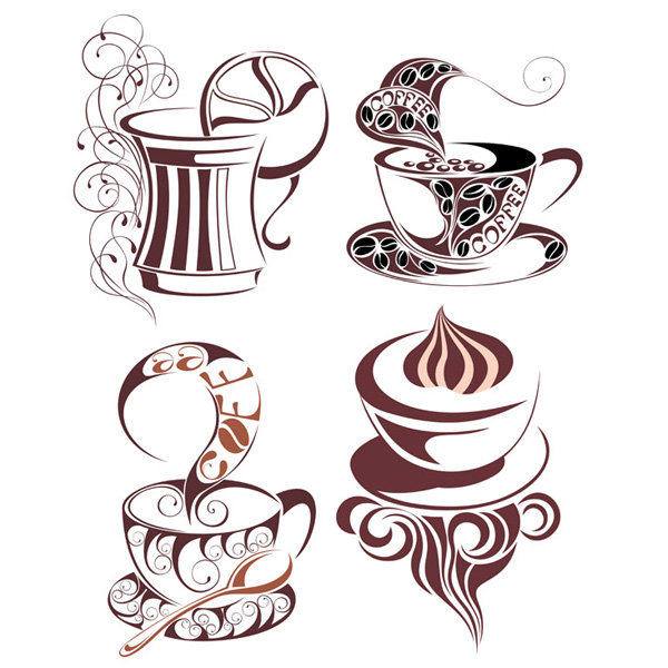4 Decorated Coffee or Tea Cups Vector Set vector tea cup tea steaming specialty coffee set icons icon free download free espresso decorated cup coffee cup coffee cappuccino Artistic   