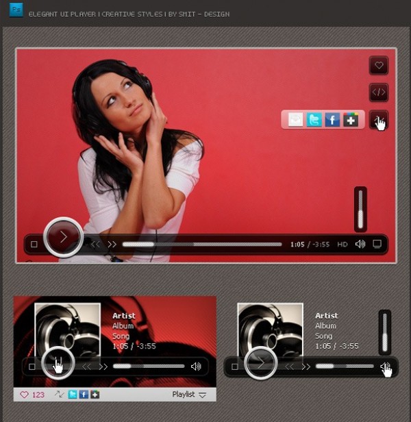 Elegant Textured UI Video Player PSD web video player video unique ui elements ui textured stylish simple quality player original new modern interface hi-res HD fresh free download free elements elegant download detailed design creative clean   