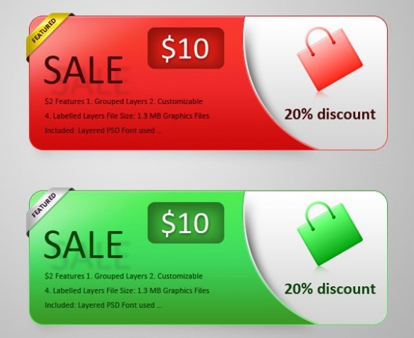 2 Bright Colorful Sales Banners Set PSD web unique ui elements ui stylish shopping set sale red quality psd price original new modern interface hi-res HD green fresh free download free elements ecommerce download discount detailed design creative clean banner   