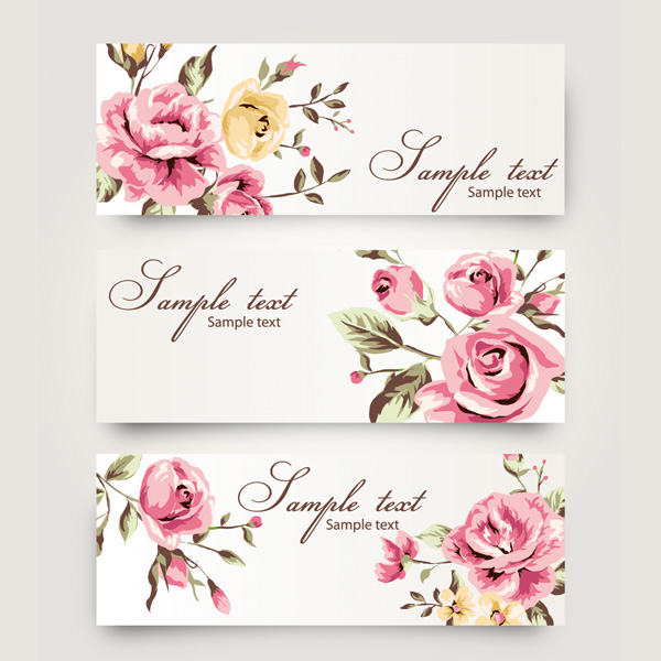 3 Elegant Floral Rose Vector Banners Set web vector unique ui elements stylish set roses banner roses quality original new interface illustrator high quality hi-res header HD graphic fresh free download free floral banner floral eps elements download detailed design creative banners background   