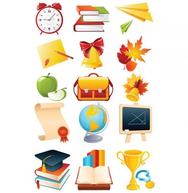 15 Bright School Education Vector Icons web vector unique ui elements stylish school quality original new interface illustrator icons high quality hi-res HD graphic fresh free download free elements education download diploma. school icons detailed design creative books blackboard bell autumn leaves   