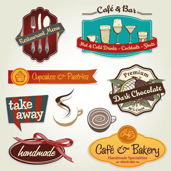 9 Retro Restaurant Menu Labels Set wine vector ribbons retro restaurant menu labels free download free coffee breakfast banners bakery badges   