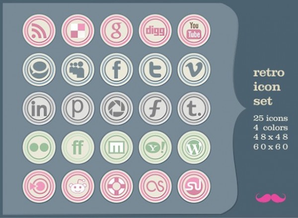 25 Round Retro Social Media Icon Set PNG web unique ui elements ui stylish social media social simple round retro quality original new networking modern interface icons hi-res HD fresh free download free elements download detailed design creative clean bookmarking   