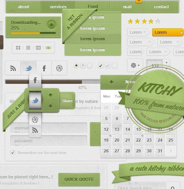 Kitchy Nature Styled Web UI Elements Kit PSD web unique ui set ui kit ui elements ui tooltip toggles tags stylish sticker star rating social icons sliders set search field ribbon restaurant quote quality pack original new navigation nature modern login kitchy kitchen kit interface image slider hi-res HD green fresh free download free elements dropdown download detailed design creative comment form clean calendar buttons badge   