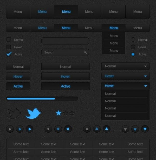 Dark Web UI Elements Kit with Blue Effects PSD web unique ui set ui kit ui elements ui Twitter buttons stylish states star rating slider search field radio buttons quality psd original new navigation modern menu kit interface input fields hi-res HD fresh free download free elements dropdown buttons dropdown download detailed design dark ui kit creative clean checkboxes buttons blue arrow buttons alien web elements   