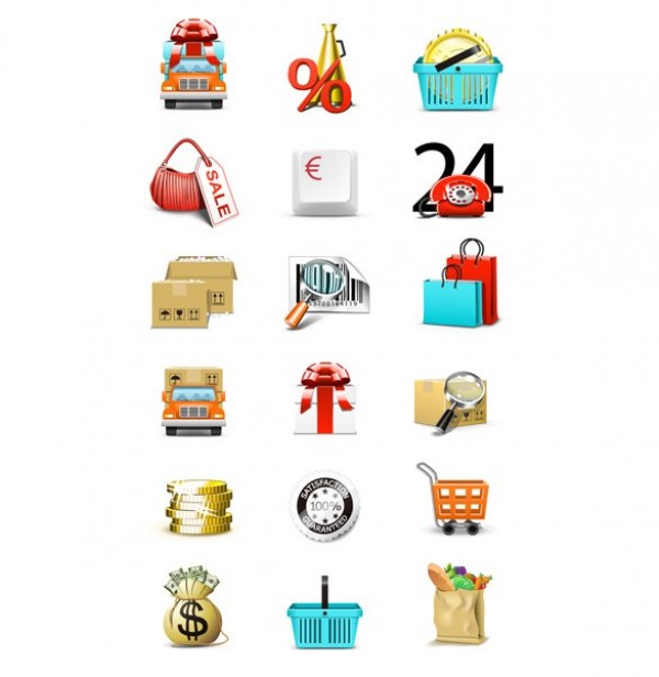 18 Detailed eCommerce Shipping Vector Icons Set web vector unique ui elements transport stylish shopping shoppiing cart shipping quality original new interface illustrator icons high quality hi-res HD graphic gift fresh free download free elements download detailed design creative box basket barcode bag of money bag of food   