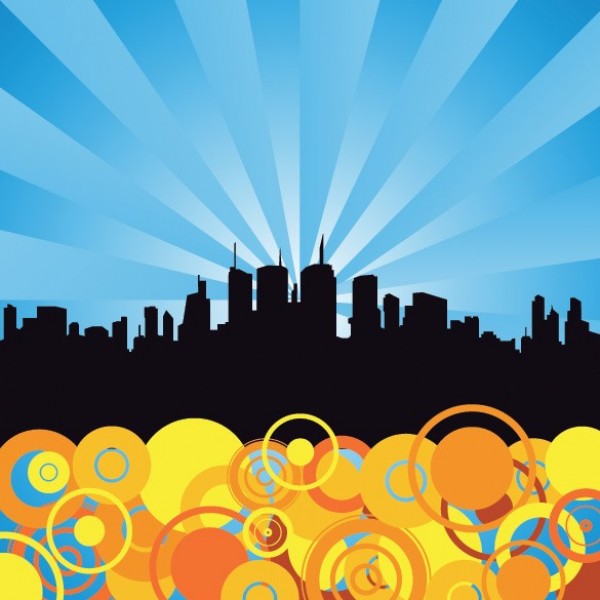 Skyline Silhouette Circles Abstract Vector Background web vector unique stylish skyline silhouette rays quality original illustrator high quality graphic fresh free download free eps download design creative colorful city skyline city circles background ai abstract   