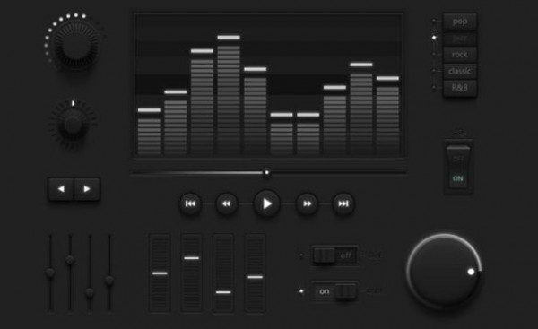 Dark Media Style Web UI Elements Kit PSD web unique ui set ui kit ui elements ui toggle switches toggle switch stylish sliders set quality psd player original on/off buttons new music player modern media player media knobs kit interface hi-res HD fresh free download free equalizer elements download detailed design dark ui kit dark player dark creative clean   