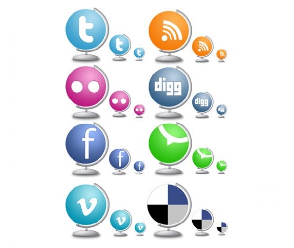 8 Globe Style Social Media Icons PNG web vimeo unique ui elements ui twitter technorati stylish social media icons social rss quality original new networking modern interface icons hi-res HD fresh free download free flickr facebook elements download DIGG detailed design Delicious creative clean bookmarking   