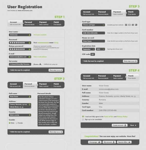 Attractive Step-by-Step Registration Form PSD web user registration user unique ui elements ui stylish step by step simple registration form register quality psd original new modern interface information hi-res HD grey fresh free download free form elements download detailed design credit card creative clean   