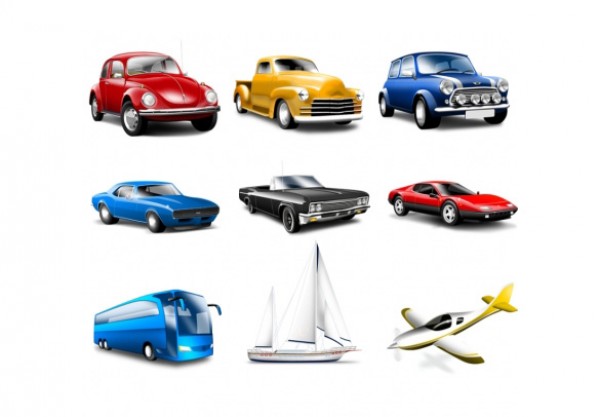 9 Classic Cars & Transport Vehicles icons web volkswagen vectors vector graphic vector unique ultimate ui elements truck sailboat quality psd png photoshop pack original old car new modern jpg illustrator illustration ico icns hot rod high quality hi-def HD fresh free vectors free download free elements download design creative classics classic car cars camaro bus bug beetle airplane ai   