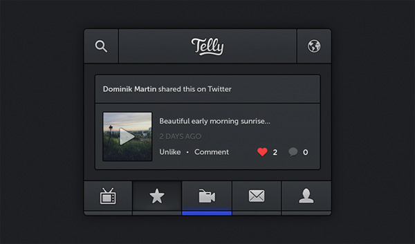 Dark Telly iPhone App PSD widget web unique ui elements ui Twitter share Telly iPhone app Telly stylish search icon quality psd original new modern menu bar iphone app iphone interface hi-res header HD fresh free download free elements download detailed design dark creative clean app   