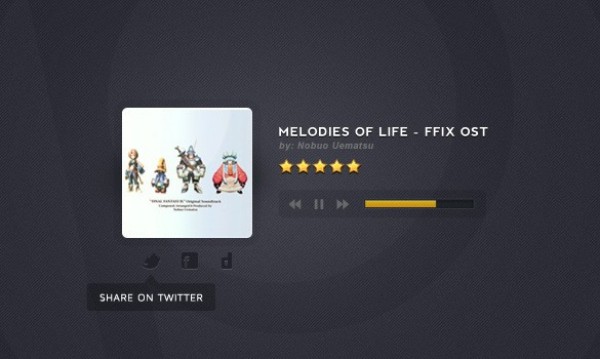 Dark Minimal Music Player Web UI Element PSD web unique ui elements ui tooltip stylish social simple share button quality psd player original new music player mp3 modern interface hi-res HD fresh free download free elements download detailed design dark creative clean audio   