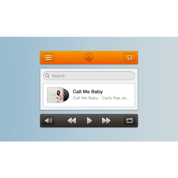 Showy Mini Player App with Orange Header PSD web unique ui elements ui stylish search field search quality psd player app original orange new modern mini player mini interface hi-res header HD fresh free download free elements download detailed design creative clean bar album   