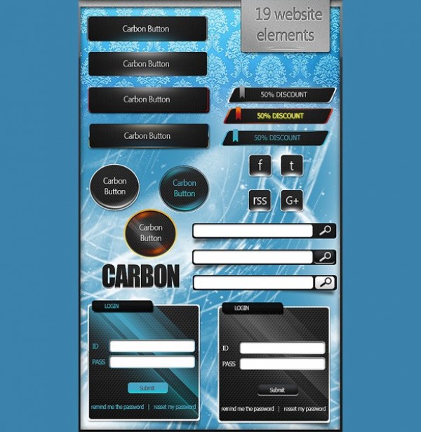 Cool Carbon Web UI Elements Set PSD web unique ui set ui kit ui elements ui stylish search fields round rectangle quality original new modern login forms interface icons hi-res HD fresh free download free elements download discount buttons detailed design dark creative clean carbon buttons blue black   