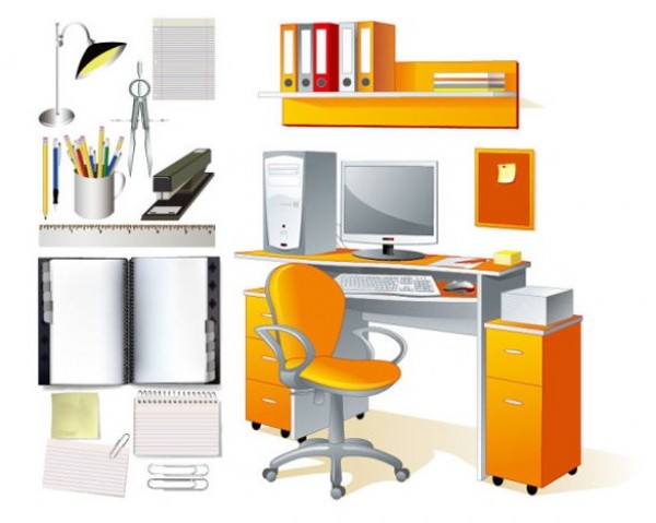 Office Computer Desk Stationary Vectors web unique ui elements ui stylish stationery stapler simple shelf ruler quality pen paper original office supplies office desk office chair office notepad new modern lamps interface hi-res HD fresh free download free folders filing cabinet elements download detailed design creative computer clean   