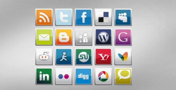 20 Glossy Square Social Media Icons Pack web vector unique ui elements stylish square social set quality pack original new networking media interface illustrator icons high quality hi-res HD graphic fresh free download free elements download detailed design creative bookmarking   