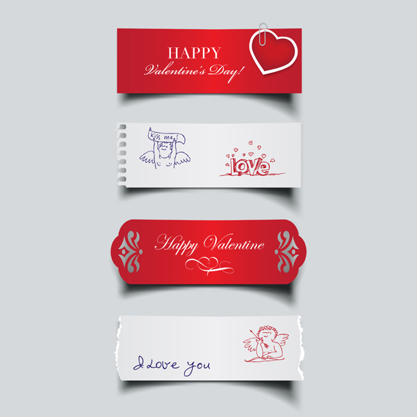 4 Valentine's Day Message Labels Set vector valentines label valentines ripped paper note message love label free download free cupid banner   