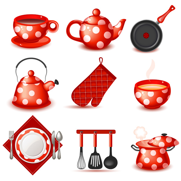 9 Cute Red Kitchen Icons Vector Set vector utensils teapot teacup set red plate setting kitchen icons free kitchen icons free dotted cute cartoon   