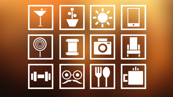 12 Flat Square Lifestyle Icon Set ui elements sun square set restaurant lifestyle icons icon gym free download free flat download device coffee cocktail camera   