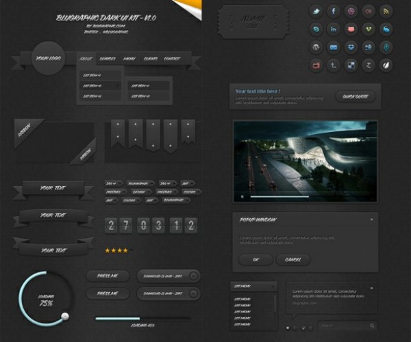 Incredible Blugraphic Dark UI Elements Kit PSD web video player unique ui set ui kit ui elements ui tooltip ticket tags stylish set search field ribbon banners ribbon badges radio buttons quality psd popup window original new navigation modern menu kit interface icons hi-res HD fresh free download free flip clock elements dropdown button download detailed design dark creative corner ribbons clean circular loading bar check boxes buttons blugraphic   