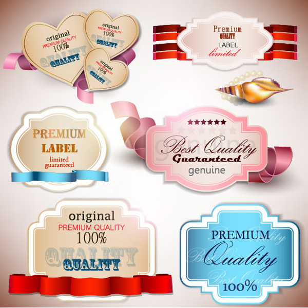 6 Fancy Gift Labels with Ribbons Vector Set vector sticker ribbons ribbon quality label labels label gift label gift free download free fancy decorative label banner   