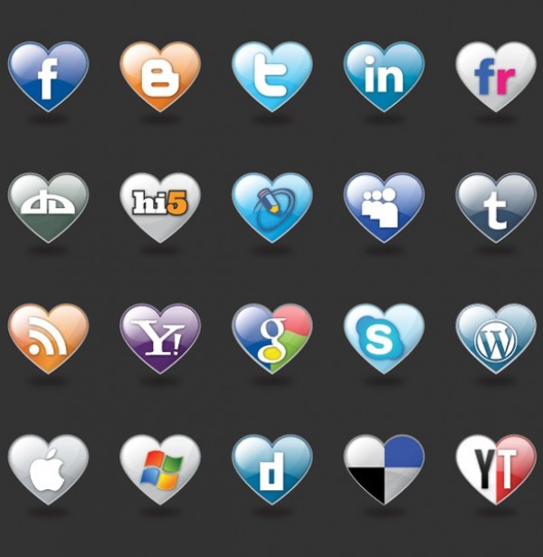 20 Love Hearts Social Media Vector Icons web vector unique ui elements stylish social media icons quality original new networking love illustrator icons high quality hearts graphic glossy fresh free download free download design creative bookmarking   