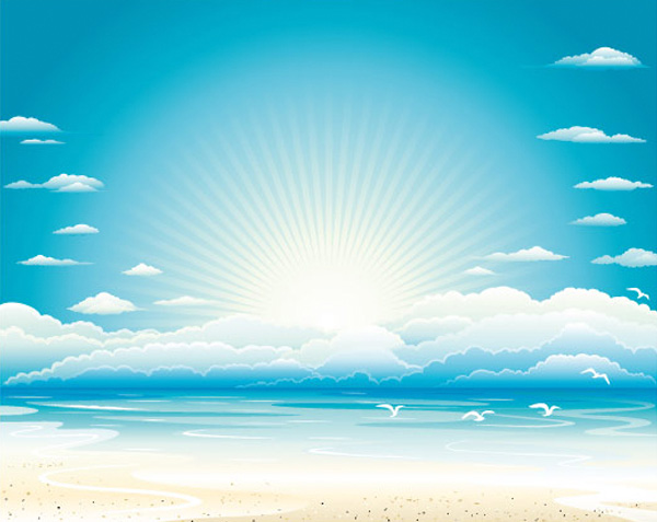 Glorious Sunny Beach Background web vector unique ui elements tropical sunshine sunny sun rays sun summer stylish sea scene sandy sand rays quality original ocean new interface illustrator high quality hi-res HD graphic fresh free download free eps elements download detailed design creative clouds blue beach background   