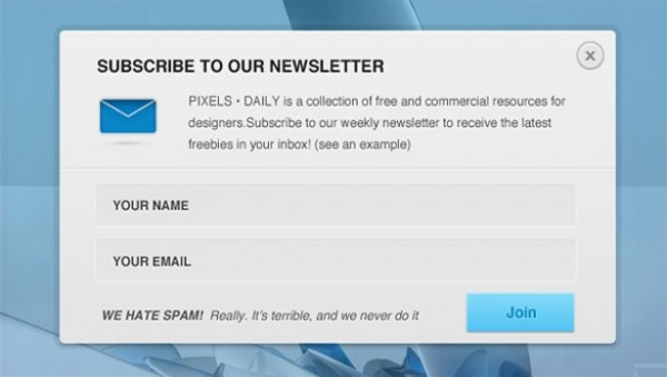 Professional Newsletter Signup Form PSD widget white web unique ui elements ui stylish signup form signup register quality psd original newsletter new modern light interface input fields hi-res HD fresh free download free form envelope icon elements download detailed design creative content clean box blue button   