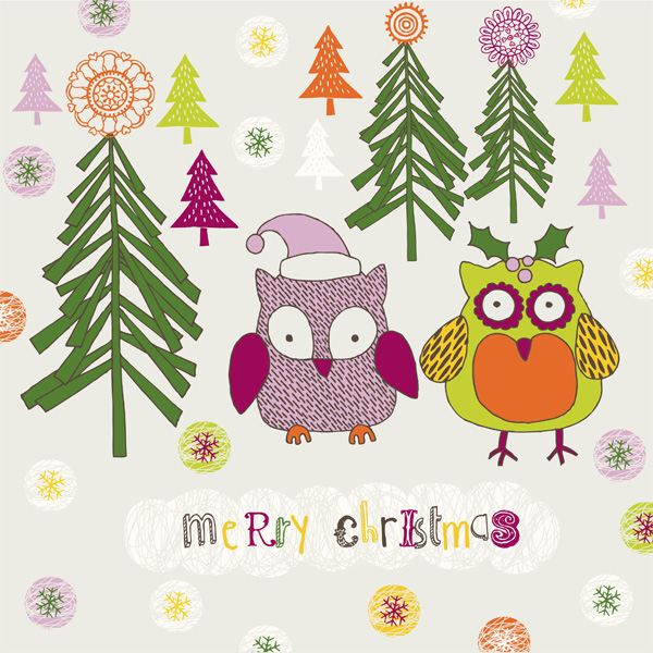 Cartoon Christmas Owls Winter Background winter vector trees snow owls free download free christmas card christmas cartoon card background   