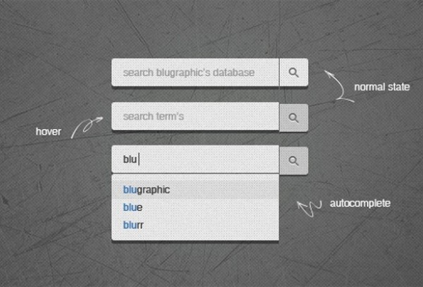 Grey Textured Search Box Interface PSD web unique ui elements ui stylish states search field search box search quality psd original new modern interface hi-res HD fresh free download free elements dropdown download detailed design creative clean autocomplete advanced search advanced   