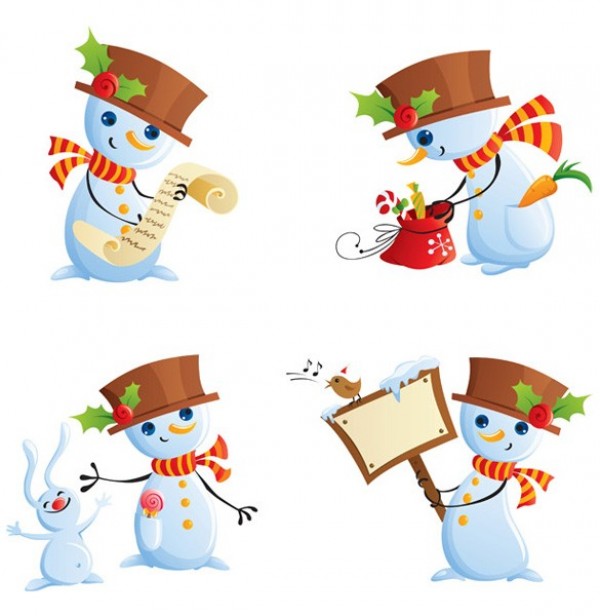 4 Cheerful Christmas Snowman Vector Cartoons xmas winter web vector unique stylish snowman snow season quality original modern illustrator high quality graphic fresh free download free download design creative christmas   