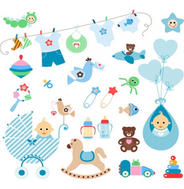 Cute Blue Baby Elements Vector Set web vector unique ui elements toys top teddy bear stylish rocking horse rattle quality original new interface illustrator high quality hi-res HD graphic fresh free download free eps elements download detailed design creative clothing clothesline clothes buggy boy blue balloons baby pins baby elements baby bottle baby   