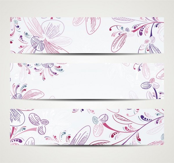 3 Exquisite Hand Drawn Floral Banners Set web vector unique ui elements stylish sketched banners sketched set quality purple pink original new interface illustrator high quality hi-res headers HD hand drawn graphic fresh free download free floral banners set floral eps elements drawing download detailed design delicate creative banners   