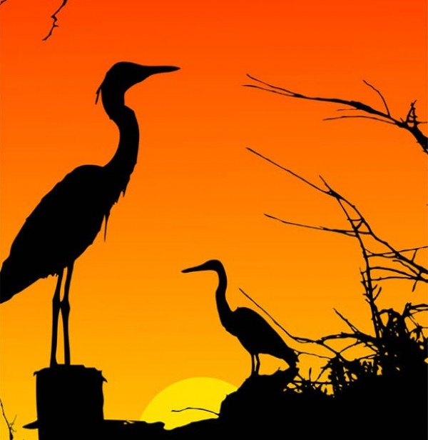 Herons Resting Sunset Silhouette Vector Background web vector unique sunset stylish silhouette quality original orange illustrator high quality heron graphic fresh free download free download design creative background   