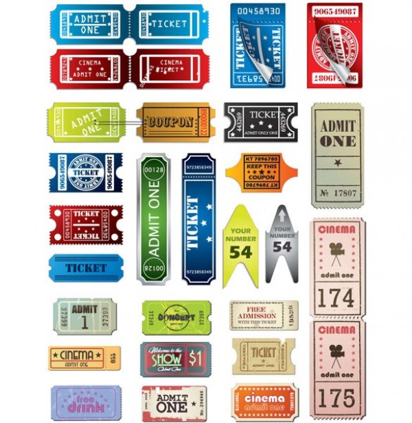 Large Set of Vector Tickets in Different Styles web vintage vector unique ui elements ticket stylish set retro quality pack original new mixed interface illustrator high quality hi-res HD graphic fresh free download free elements download detailed design creative cinema ticket admit one   