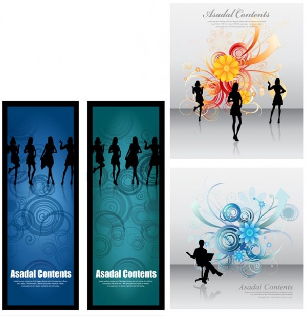 4 People Silhouettes Floral Vector Backgrounds web vertical banner vector unique ui elements stylish silhouette quality people original new interface illustrator high quality hi-res HD graphic girls fresh free download free floral elements download detailed design creative circles businessman banner background ai abstract   