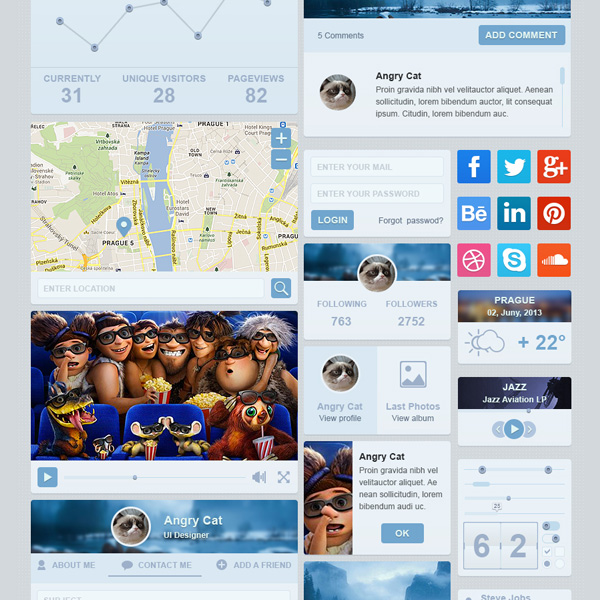 Blue Flat Web UI Elements Kit weather widget visitors graph ui set ui kit ui elements ui status social icons set search profile map login free download free followers flat contact form comment widget blue   