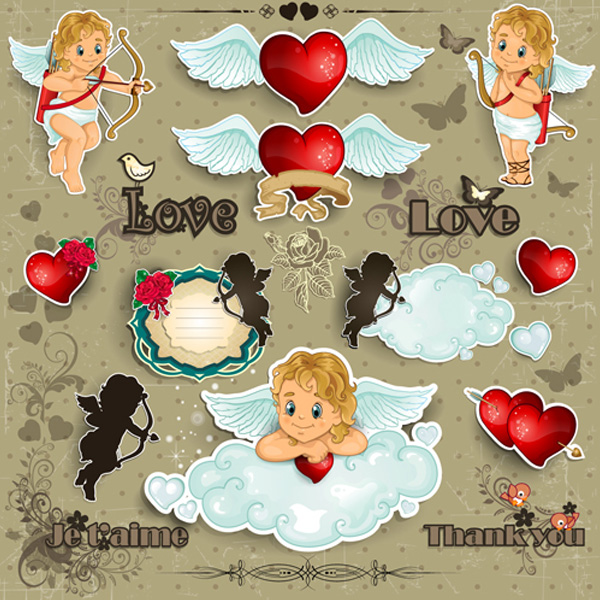 Cupids Cutouts Hearts & Silhouettes Vector Set wings vector valentines silhouette love hearts free download free day cutout cupid clouds butterfly   
