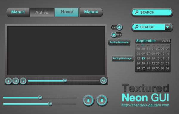 Dark Textured Neon Web UI Elements Kit PSD web video player up/down buttons unique ui set ui kit ui elements ui two search fields tooltips textured stylish slider set quality psd original on/off switches new neon navigation menu modern kit interface hi-res HD green fresh free download free elements download detailed design dark creative clean calendar   