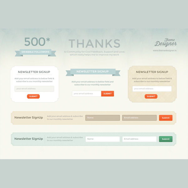 Ticket Style Newsletter Signup Set PSD web vintage unique ui elements ui ticket submit button stylish stitched signup forms signup set ribbon banner quality psd original newsletter forms newsletter new modern light interface input fields hi-res HD fresh free download free elements download detailed design creative clean   
