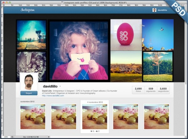 Awesome Instagram Web Profiles Interface PSD web unique ui elements ui thumbnails stylish remake quality psd original new modern interface Instagram window instagram profiles instagram hi-res HD gallery fresh free download free elements download detailed design creative clean avatar   