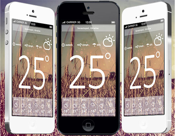 Retina Ready iPhone Weather App PSD weekly web weather app weather unique ui elements ui transparent stylish retina quality psd original new modern iPhone weather app interface hi-res HD fresh free download free forecast elements download detailed design creative climate clean app   