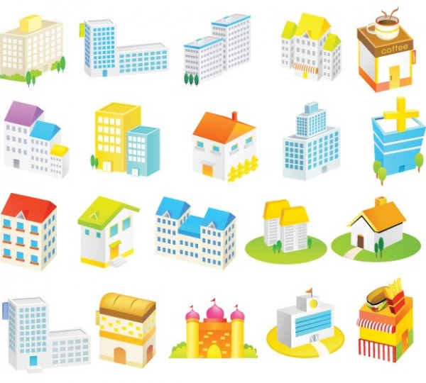 Cartoon Style Buildings Vector Icons Pack web vector unique ui elements stylish streets quality police station park original new interface illustrator houses hospital high quality hi-res HD graphic gas station fresh free download free fire hall elements download detailed design creative city cartoon buildings cartoon buildings bank   