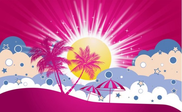 Sunny Tropical Holiday Abstract Vector Background web vector unique ui elements tropical sunset sun stylish quality pink palms original new interface illustrator holiday high quality hi-res HD graphic fresh free download free elements download detailed design creative clouds beach umbrellas background ai abstract   