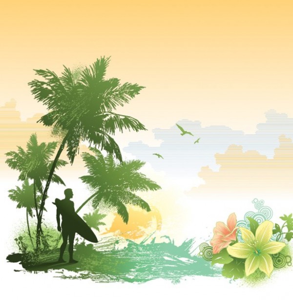 Tropical Theme Surfer Vector Background web vector unique tropics tropical surfer stylish silhouette quality palm trees painting painted original landscape illustrator high quality graphic fresh free download free floral download design creative background   