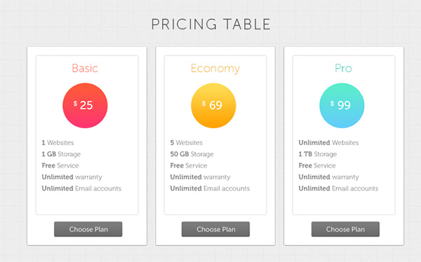 Colorful Pricing Tables Set ui elements ui set pricing table pricing charts price options hosting free download free colorful   
