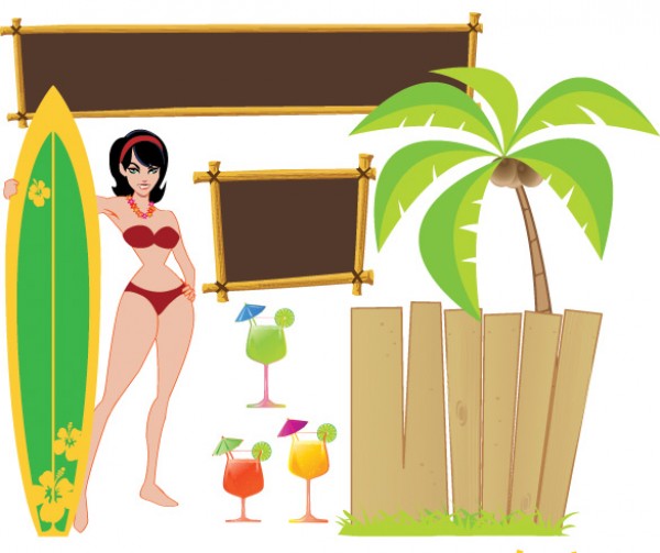 Tropical Beach Theme Objects wooden fence vectors vector graphic vector unique surfer surf board surf signs quality photoshop palms pack original modern illustrator illustration high quality girl fresh free vectors free download free frames download creative cocktails ai   