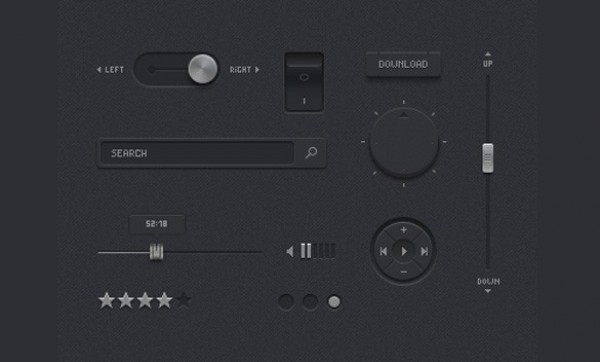 Dark Precise Web UI Elements Kit PSD web volume unique ui set ui kit ui elements ui toggle stylish star rating shuffle set search field quality psd original on/off switch new modern kit interface hi-res HD fresh free download free elements download button download detailed design dark ui elements dark creative control knob clean   