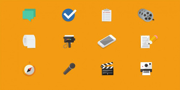 12 Flat Media and Other Icons Vector Set web video unique ui elements ui stylish set reel quality psd original notes new modern mobile microphone list interface icons hi-res HD fresh free download free flat icons flat elements download detailed design creative compass clean clapboard check   